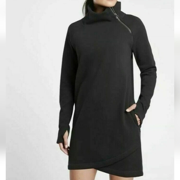 Athleta Cozy Karma Dress Black NWT XS Asym Zip Sweatshirt Dress Pockets
